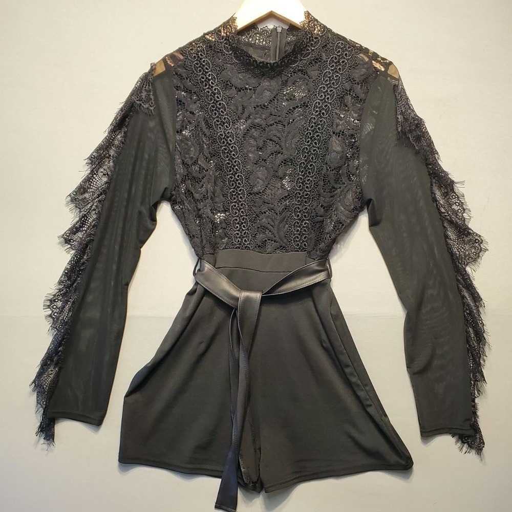 Boutique Black Lace Romper Women XL Mock Neck Mesh Long Sleeve Fringe Whimsigoth